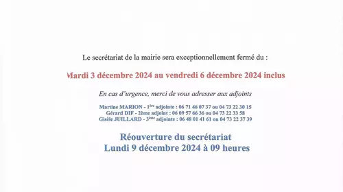 FERMETURE EXCEPTIONNELLE SECRETARIAT DE MAIRIE du 3 au 6 decembre inclus